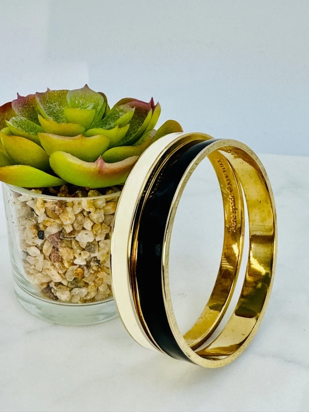 KATE SPADE Gold Tone Bangle Bracelet Set with Black and Cream Enamel 7 3/4” 8” - Picture 10 of 10